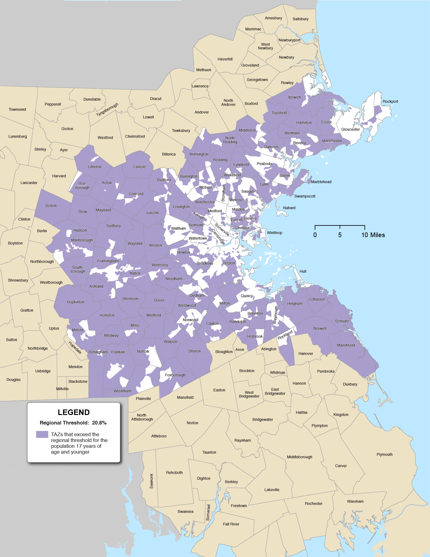 Figure 8-6 is a map of the Boston Region municipalities and the TAZs that exceed the regional threshold for the population 17 years of age and younger highlighted in purple.